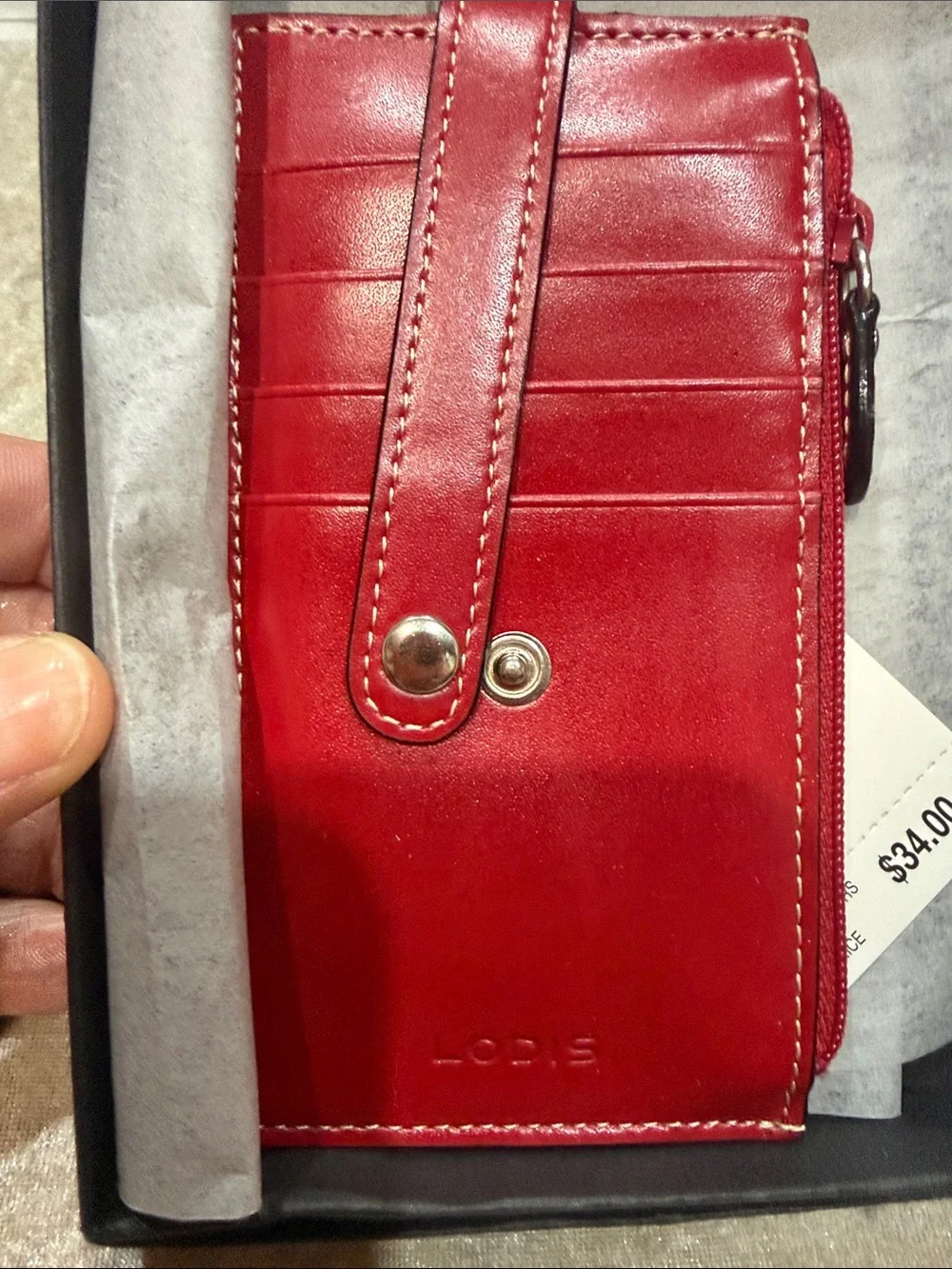 Lodis Red Leather Women’s Card Wallet with Snap Strap and Zip
